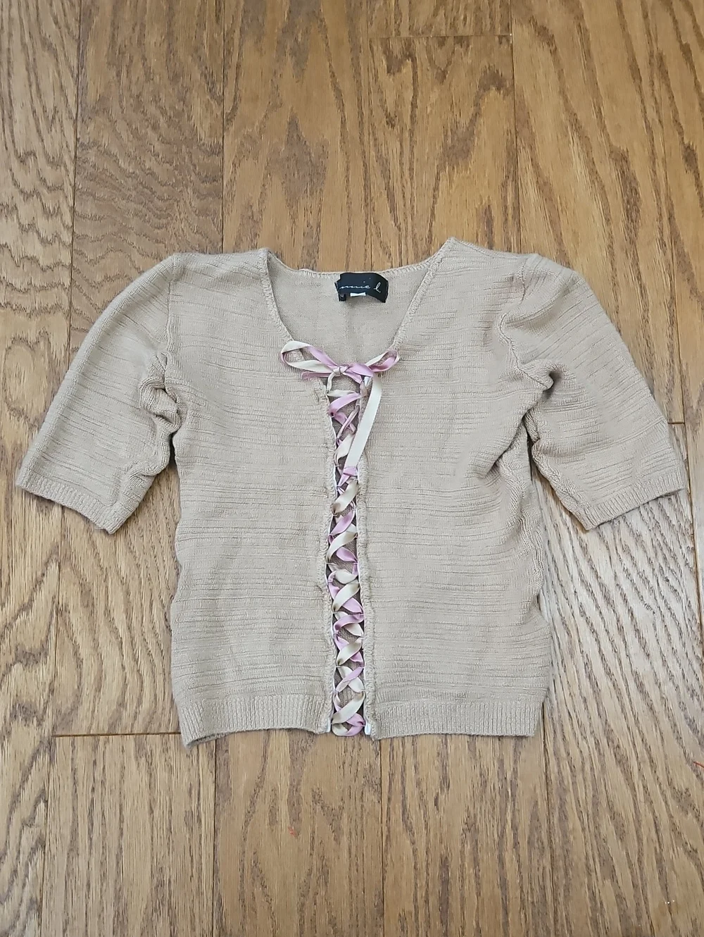 Annie Li Vintage Y2K Ribbed Lace-Up Cardigan Top •Tan/Pink • Size Small